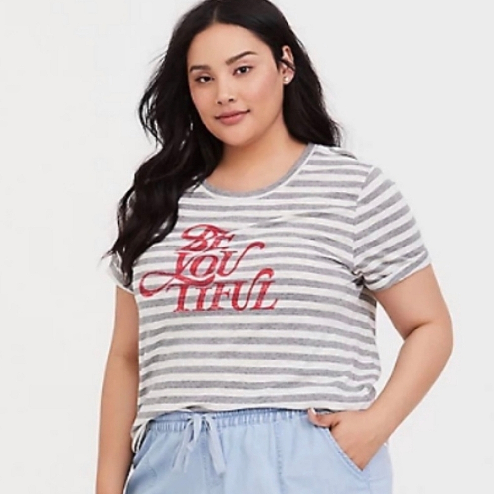 🌊3/$15 Torrid "Be You" gray striped t-shirt M/L